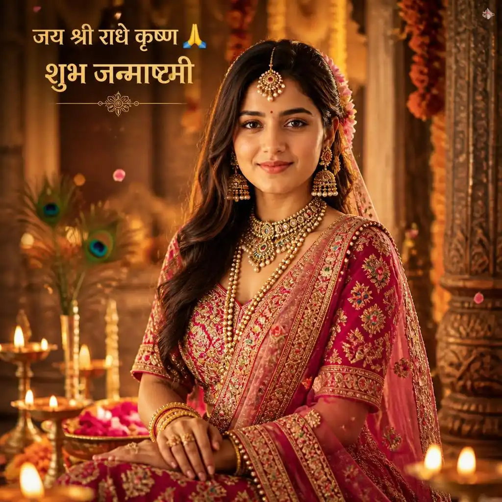 Royal Radha-inspired woman in an elaborate pink, red and gold lehenga in a temple setting.