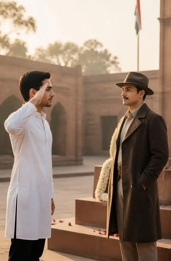 Person respectfully saluting Bhagat Singh at a historical memorial