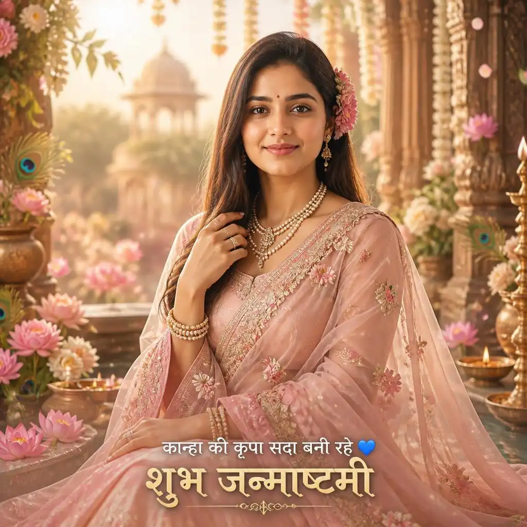 Modern Radha-inspired woman in a pastel pink lehenga with flowers, peacock feathers and diyas.