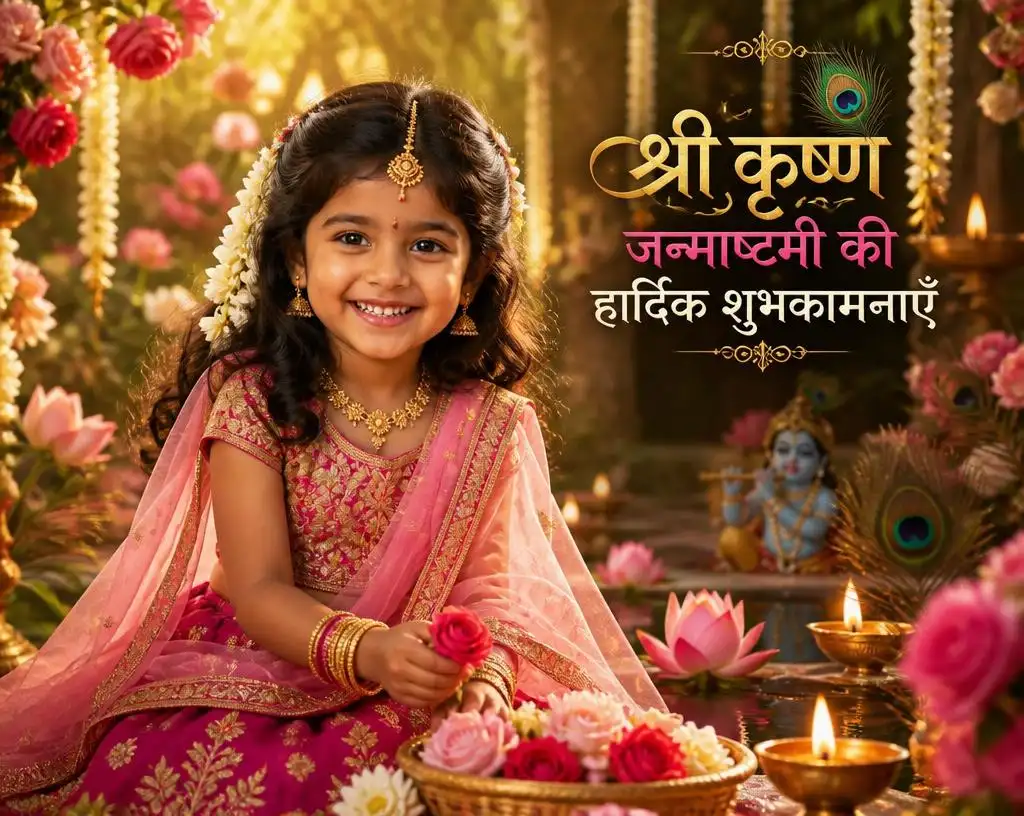 Little girl dressed as Radha in a dreamy Vrindavan garden with flowers and festive decorations.