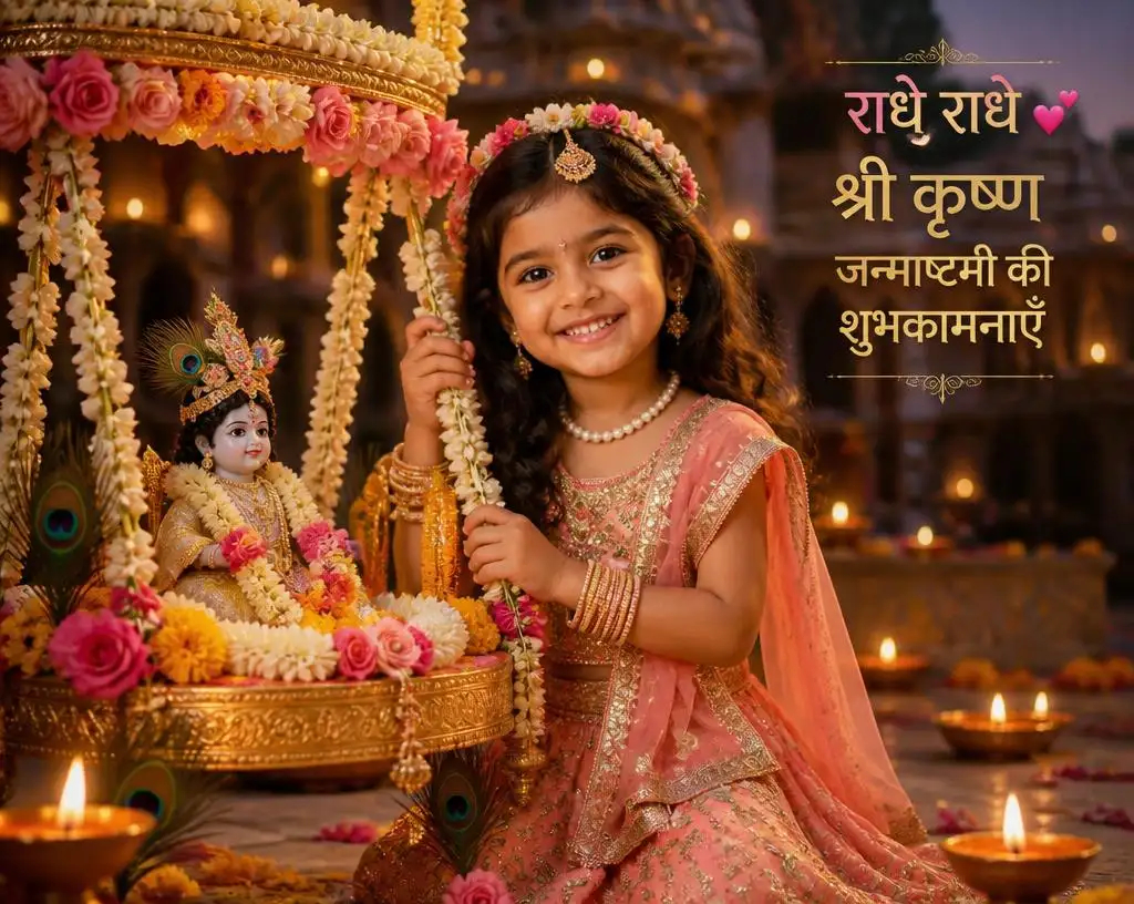 Little girl dressed as Radha beside a beautifully decorated Krishna Janmashtami swing.