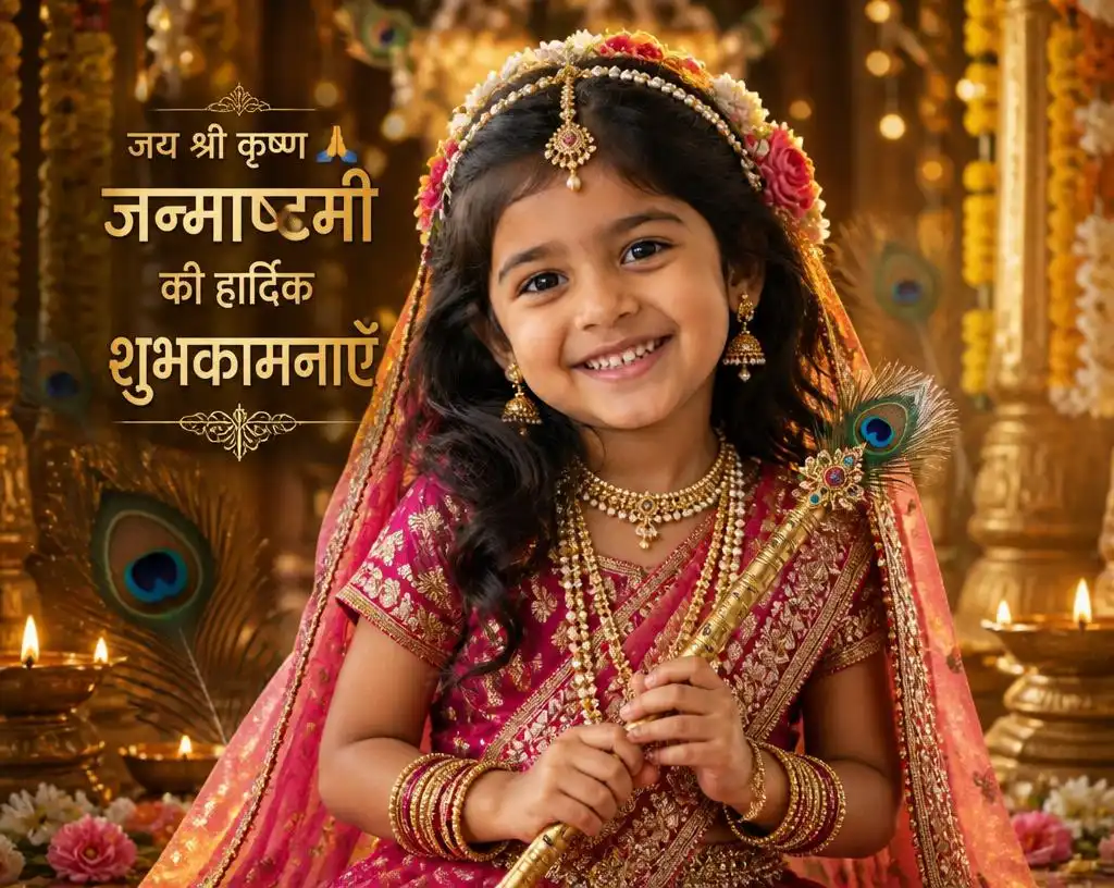 Little girl dressed as a royal Radha in a festive pink and crimson lehenga