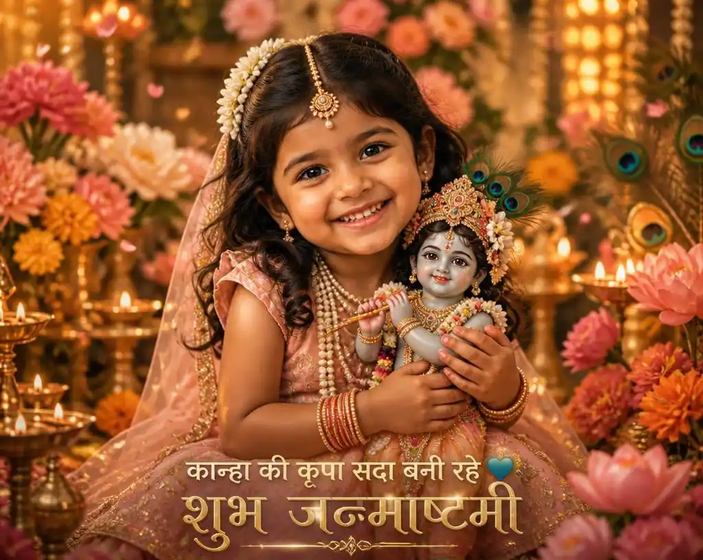 Little girl dressed as Radha holding a beautifully decorated Bal Krishna idol.
