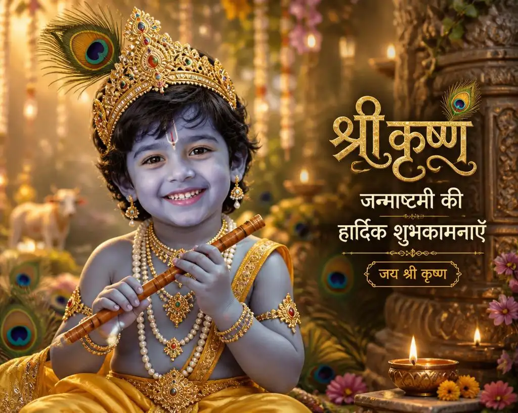 Little boy dressed as Bal Krishna with a peacock feather मुकुट and flute in Vrindavan