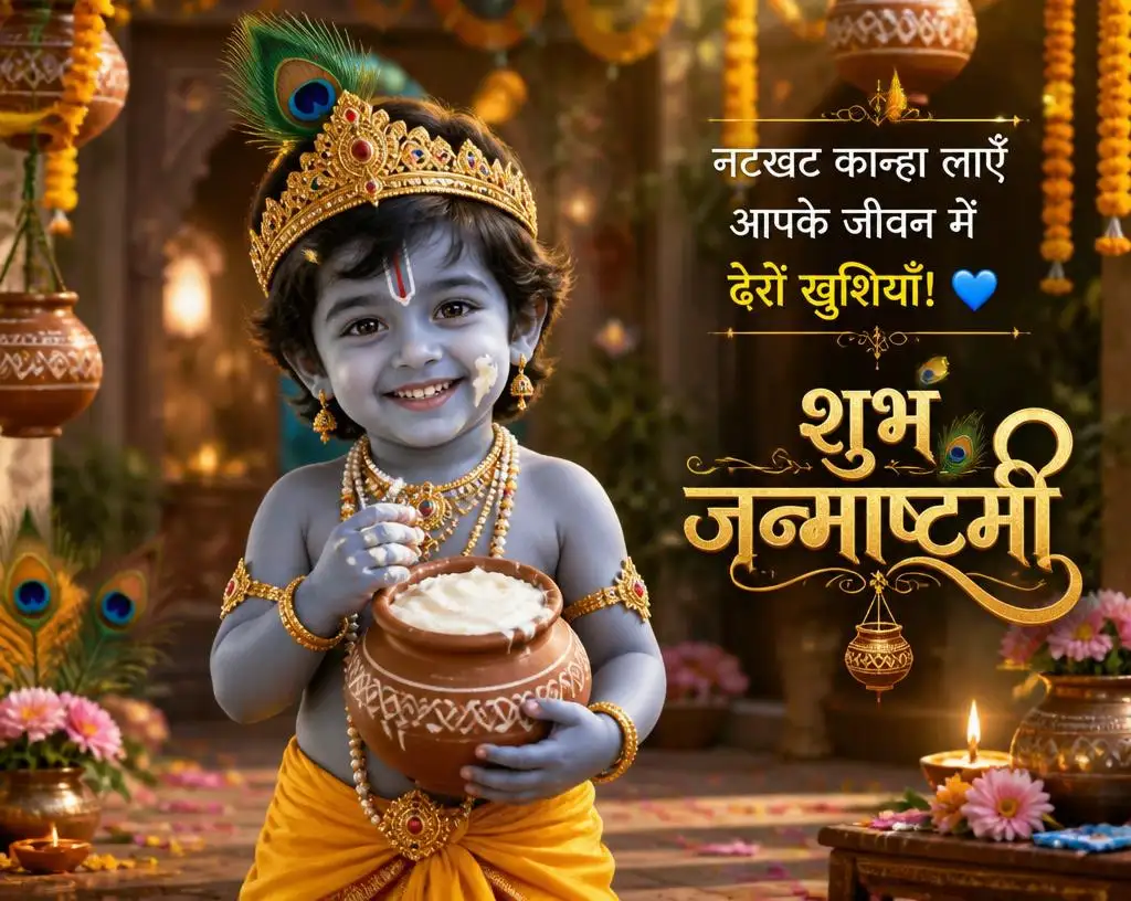 Playful Little Krishna holding a clay pot of butter in a decorated Vrindavan courtyard.