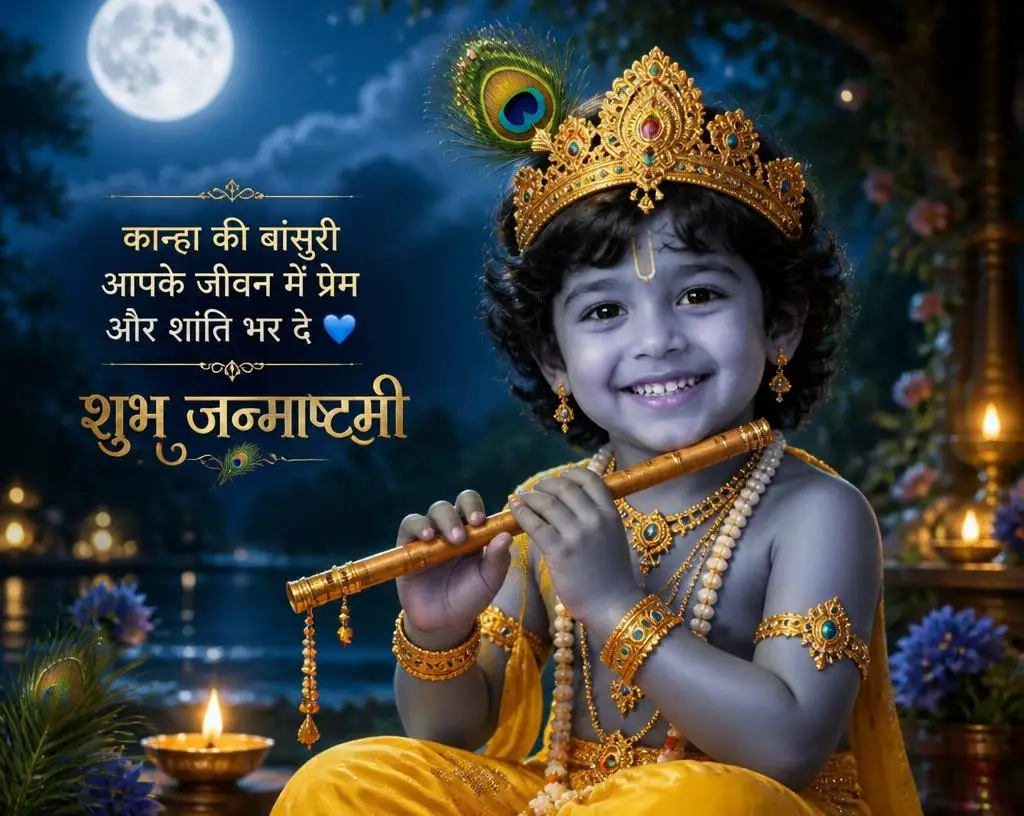 Little Bal Krishna playing a flute under a moonlit Vrindavan sky.