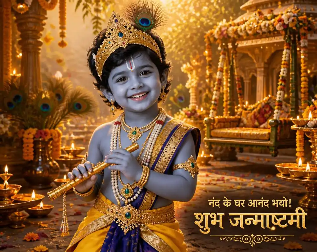 Little boy dressed as Bal Krishna celebrating Janmashtami in a festive temple courtyard.