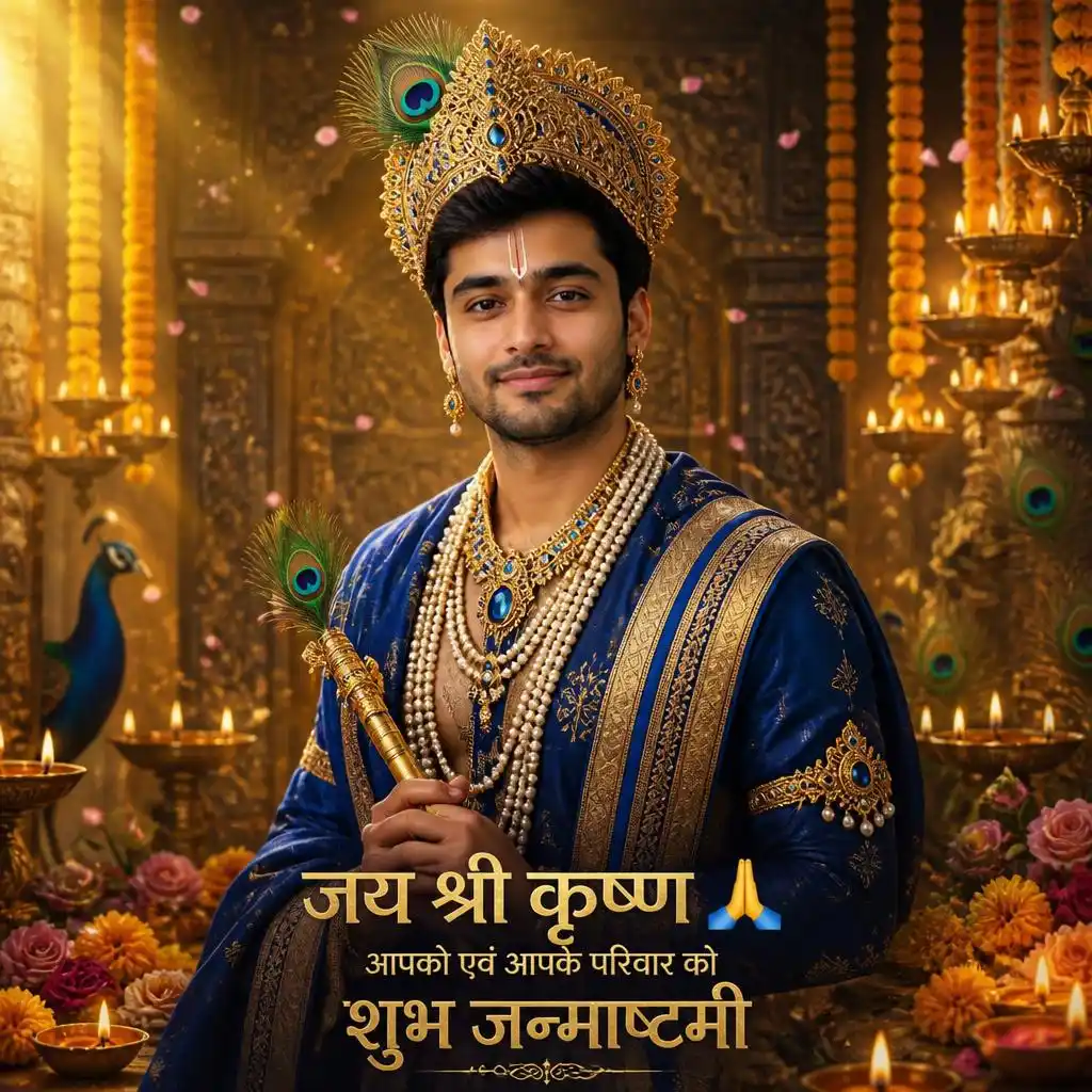 Majestic Krishna-inspired man in royal blue and gold attire inside a decorated temple