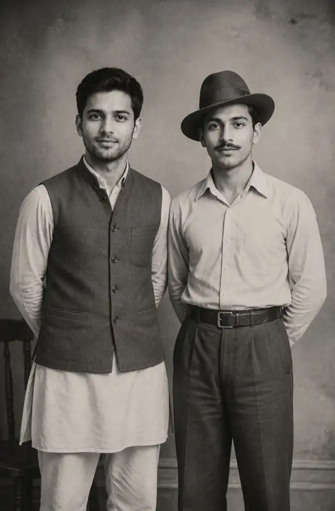 Vintage black-and-white portrait of a person standing beside Bhagat Singh