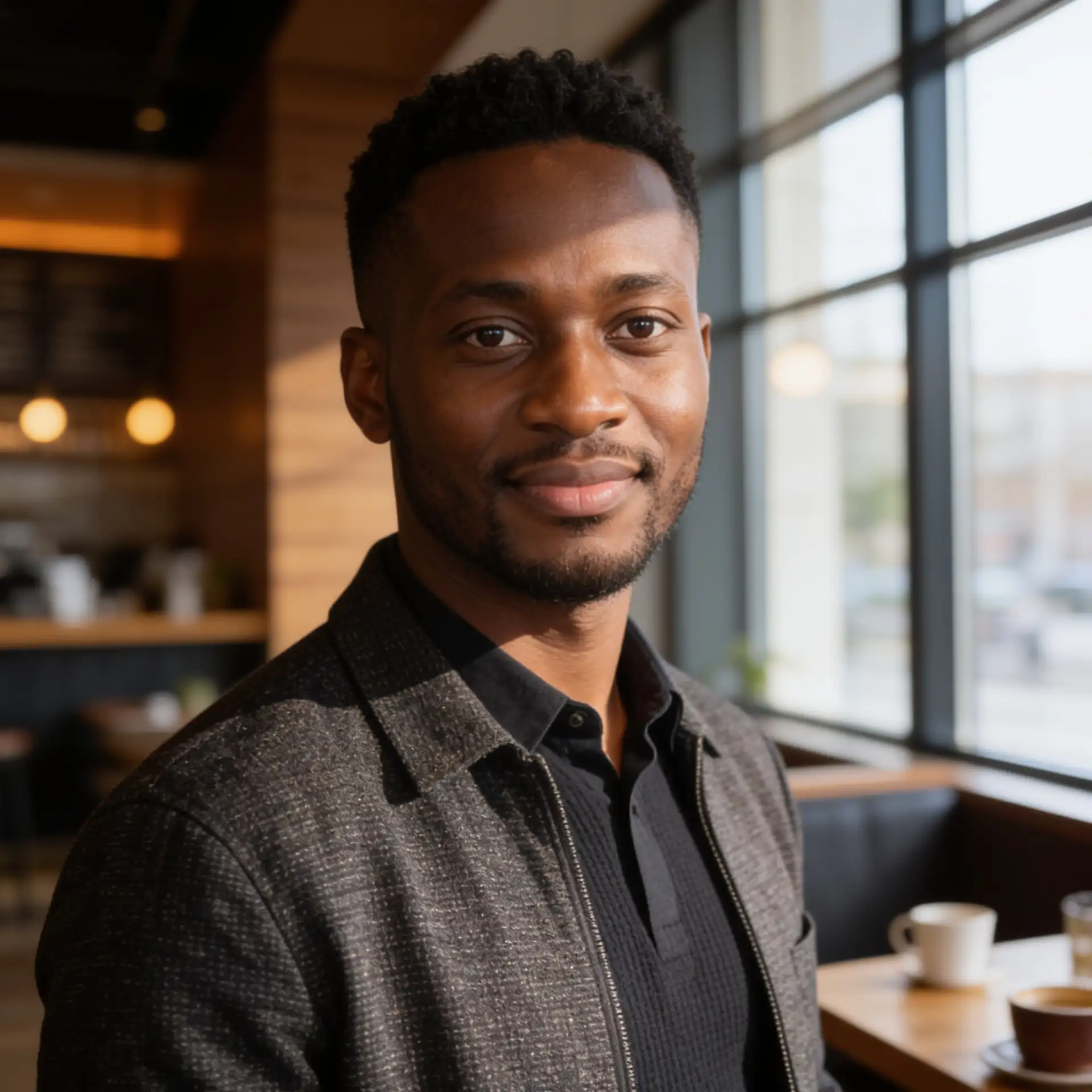 Relaxed professional LinkedIn headshot in a modern café with warm natural lighting.