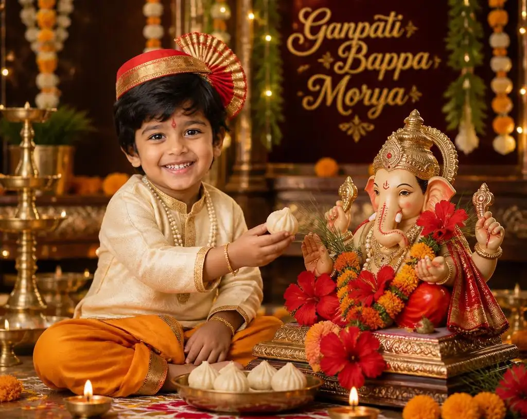 Boy in Maharashtrian traditional attire offering a modak to Ganpati Bappa during Ganeshotsav.