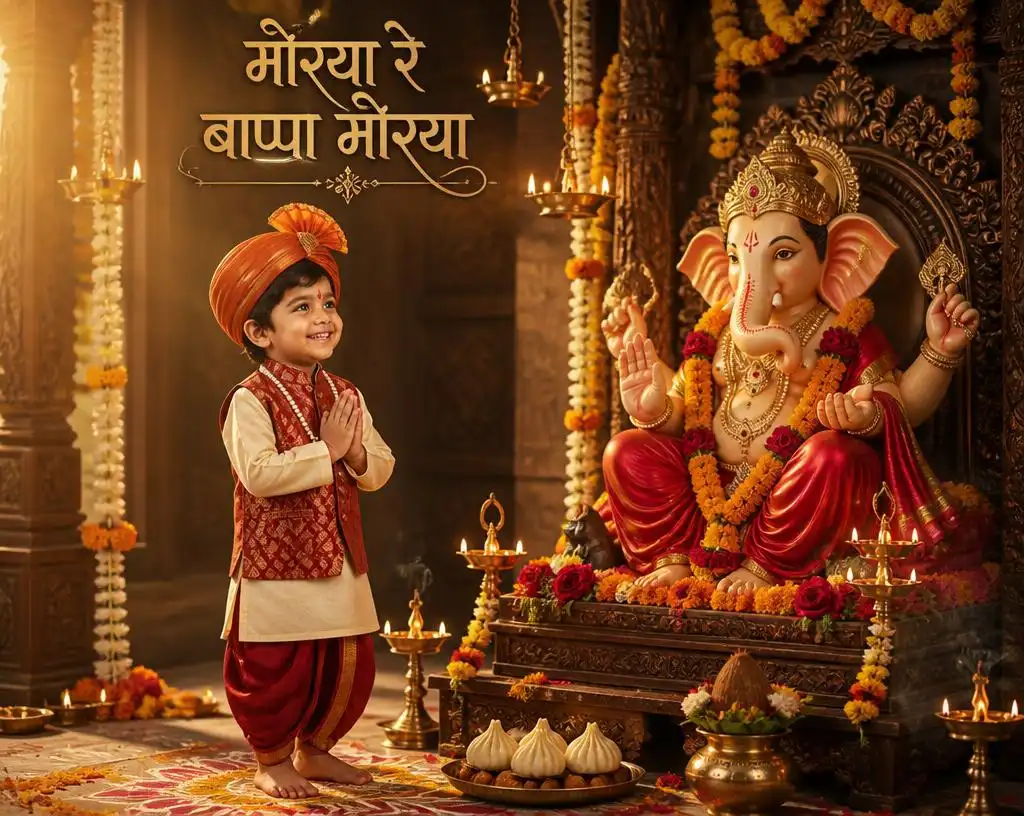 Little boy dressed as a Maharashtrian Peshwa standing with folded hands before Lord Ganesha