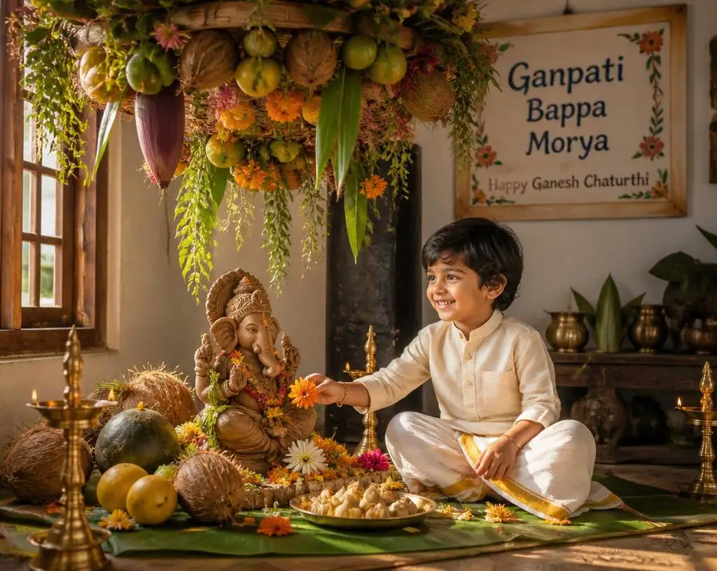 Boy offering flowers to Ganesha under a traditional Goan Matoli during Chovoth celebration