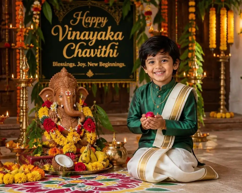 Boy in green silk attire offering flowers to Lord Ganesha during Telangana Vinayaka Chavithi.