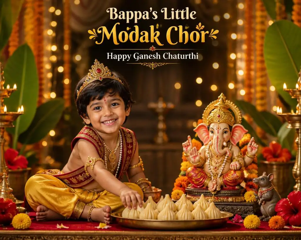 Little boy reaching for a modak beside Ganpati Bappa in a festive Ganesh Chaturthi setup