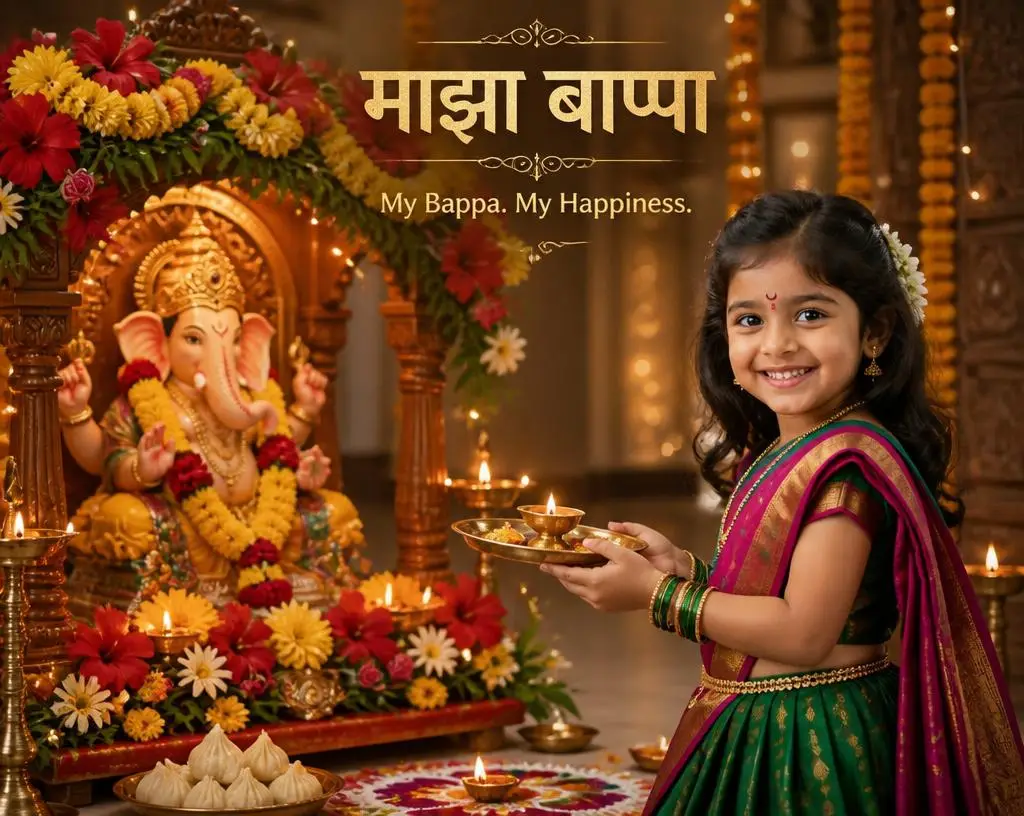 Little girl performing aarti beside Lord Ganesha in traditional Maharashtrian attire