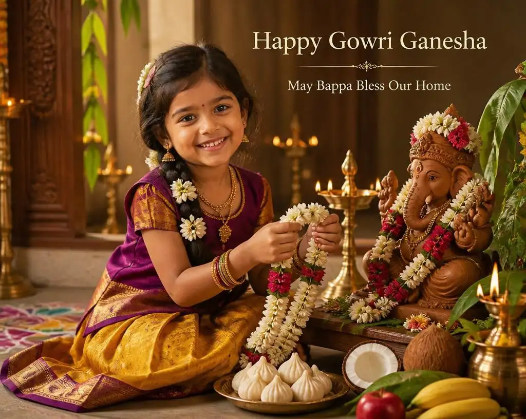 Little girl holding a flower garland beside Ganesha during a traditional Karnataka festival.