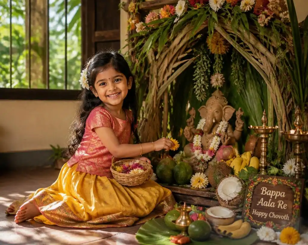 Little girl offering flowers to Ganesha under a colorful Goan Matoli in an ancestral home