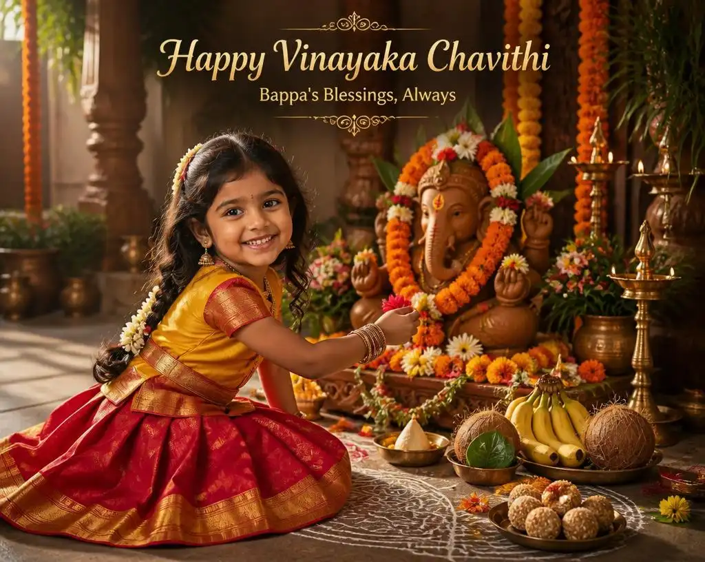 Little girl in traditional pattu pavada offering a flower to Lord Ganesha during Vinayaka Chavithi