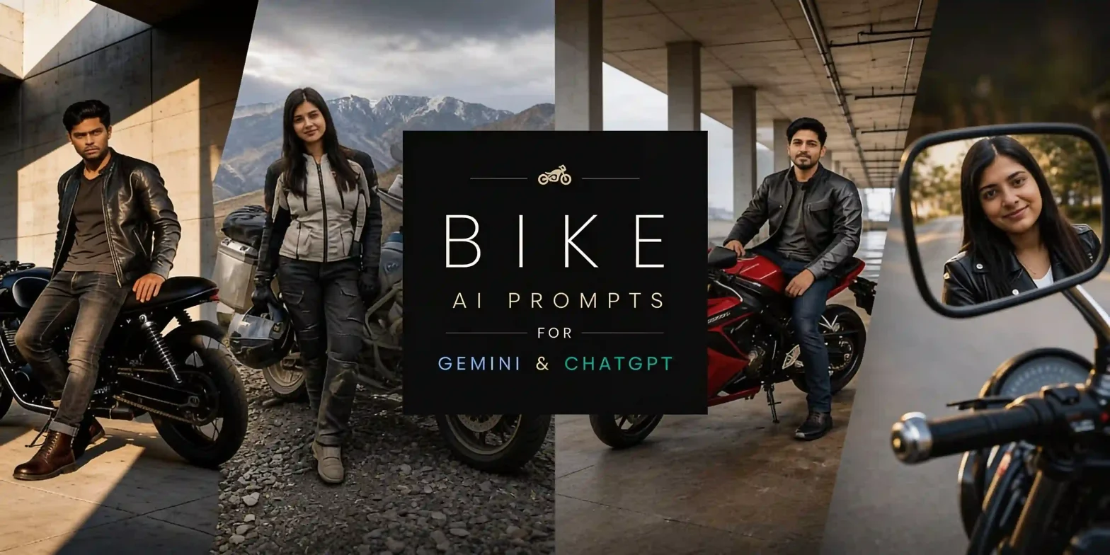 Bike AI Prompts for Gemini and ChatGPT banner featuring men and women posing with motorcycles in cinematic urban and mountain settings.