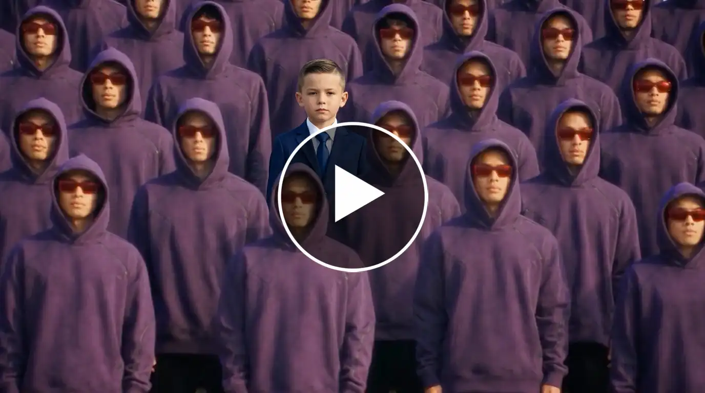 Storm Dance AI photo prompt showing a boy in a formal suit standing among a large crowd wearing purple hoodies and sunglasses