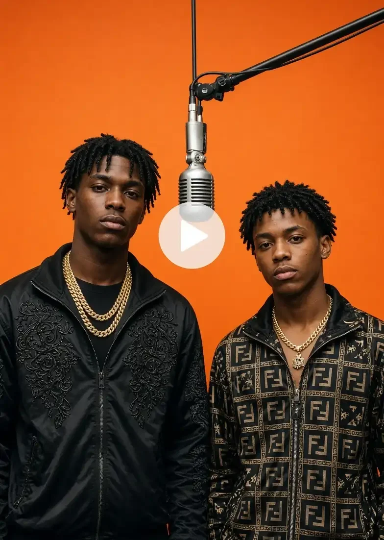 Two men with braids and gold chains in orange COLORS booth with hanging mic and play button.