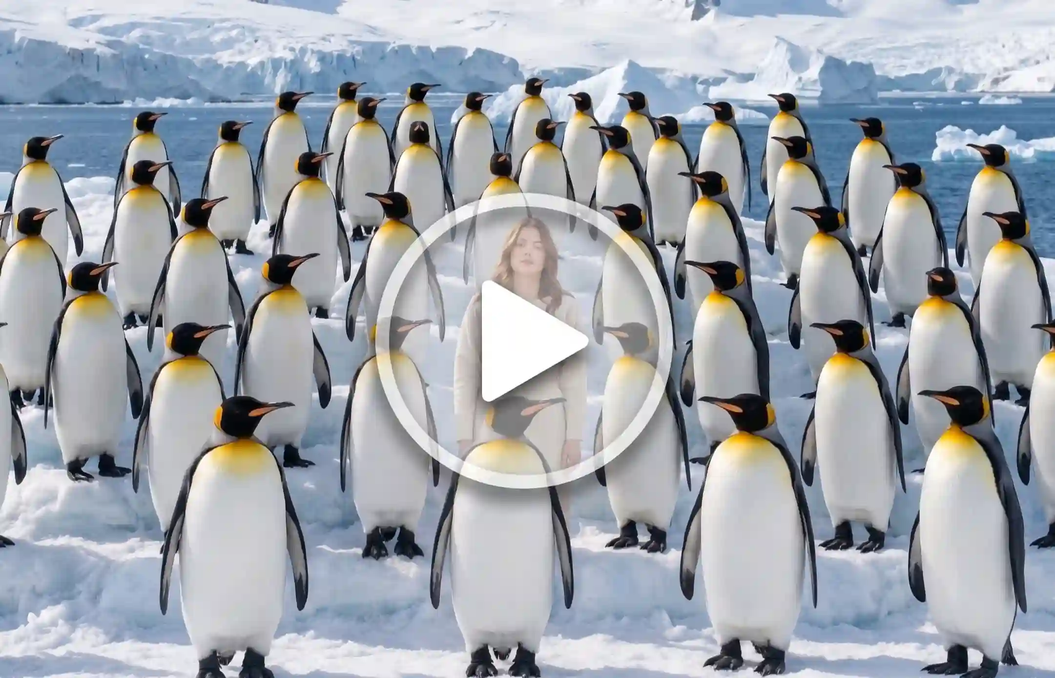Woman surrounded by emperor penguins on an Antarctic ice field