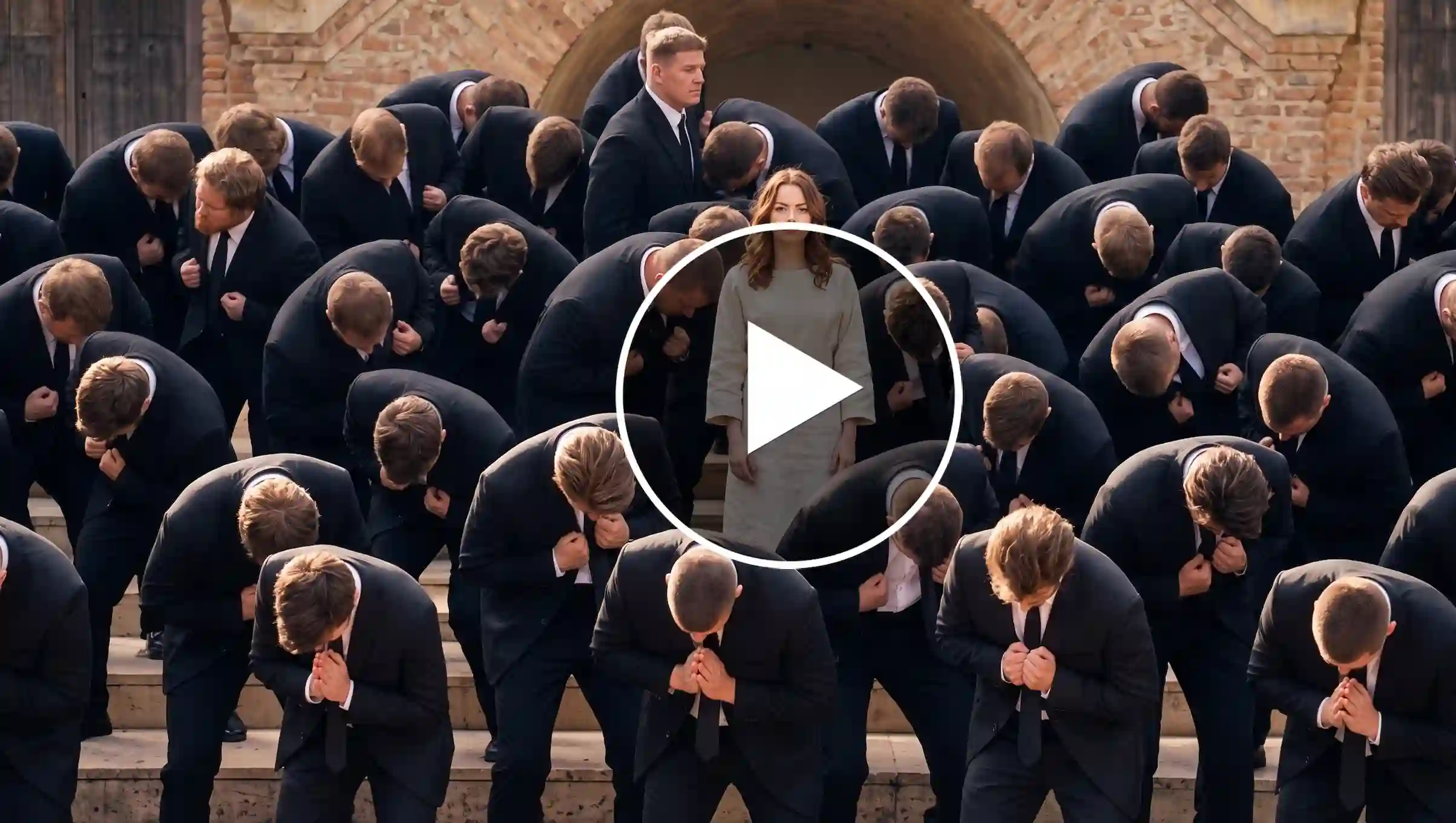 Woman standing among men in black suits bowing in a dramatic scene