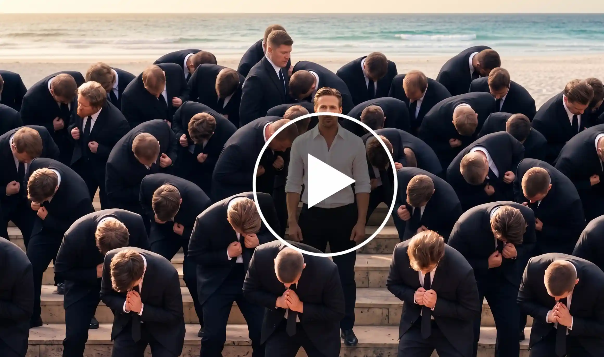 Storm Dance AI photo prompt showing a man standing on beach steps surrounded by men in black suits bowing around him