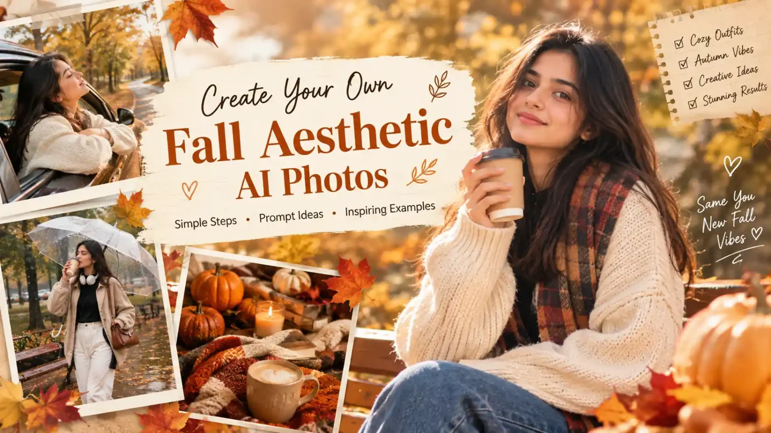 Fall aesthetic AI photos banner featuring cozy autumn scenes, warm colors, leaves, pumpkins, coffee, and a mountain lake.