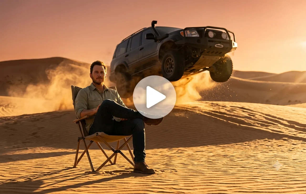 Low-angle desert shot of a person sitting still while an off-road SUV soars directly overhead with a transparent play button centered.