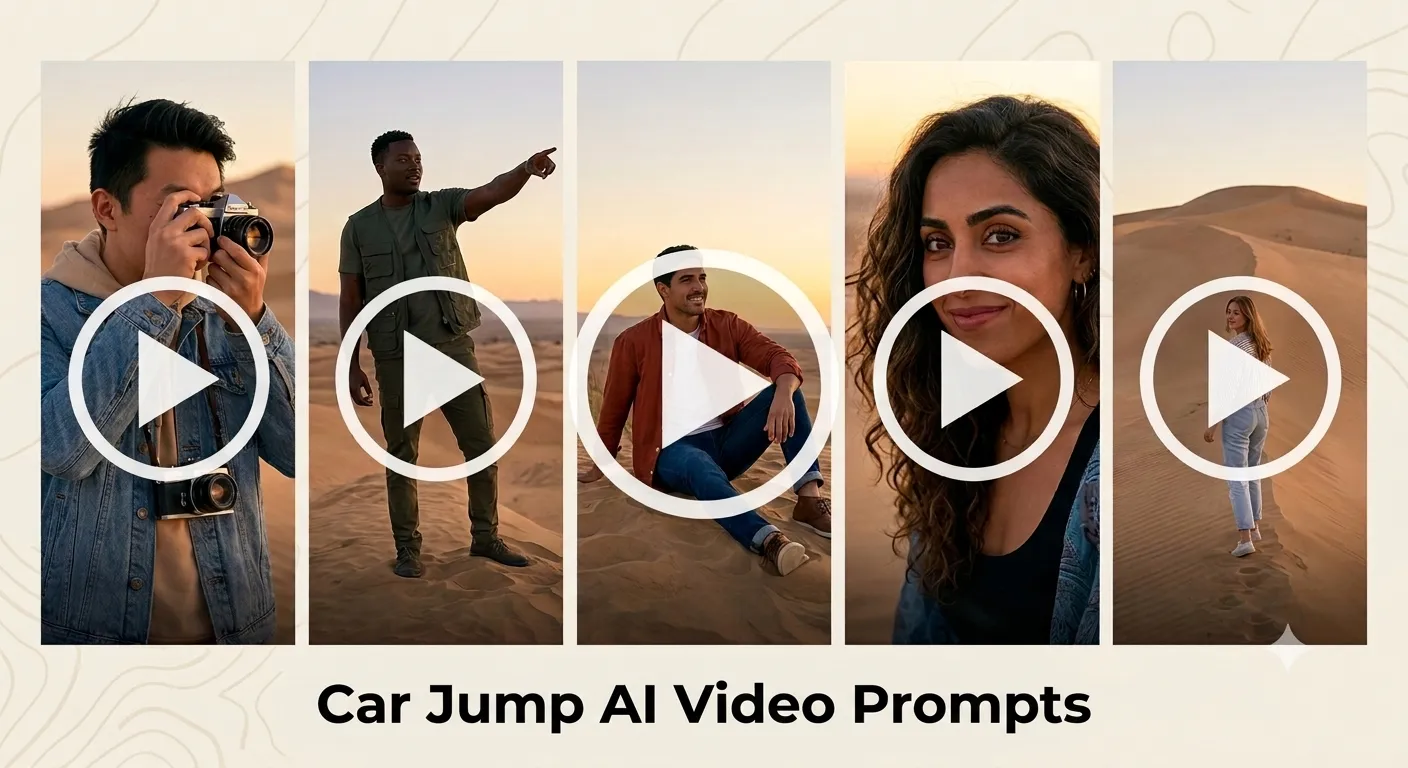 Collage of five different individuals in a desert, each behind a video play button, with a title that reads, 'Car Jump AI Video Prompts