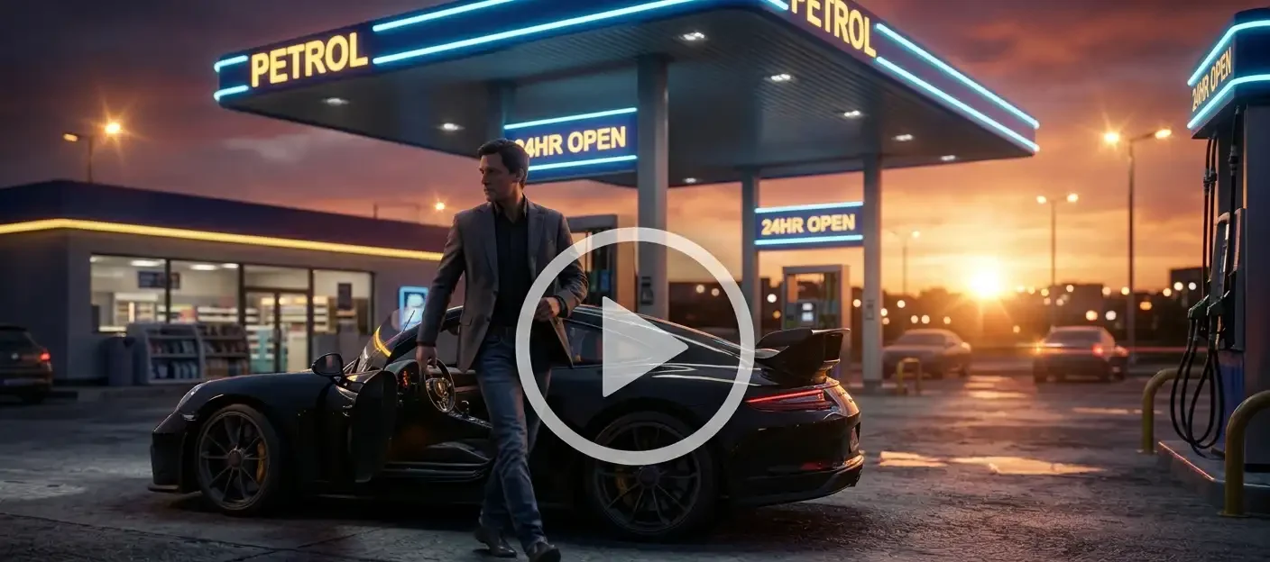 A guy stepping out of his car on a gas station with a neon lighting background.