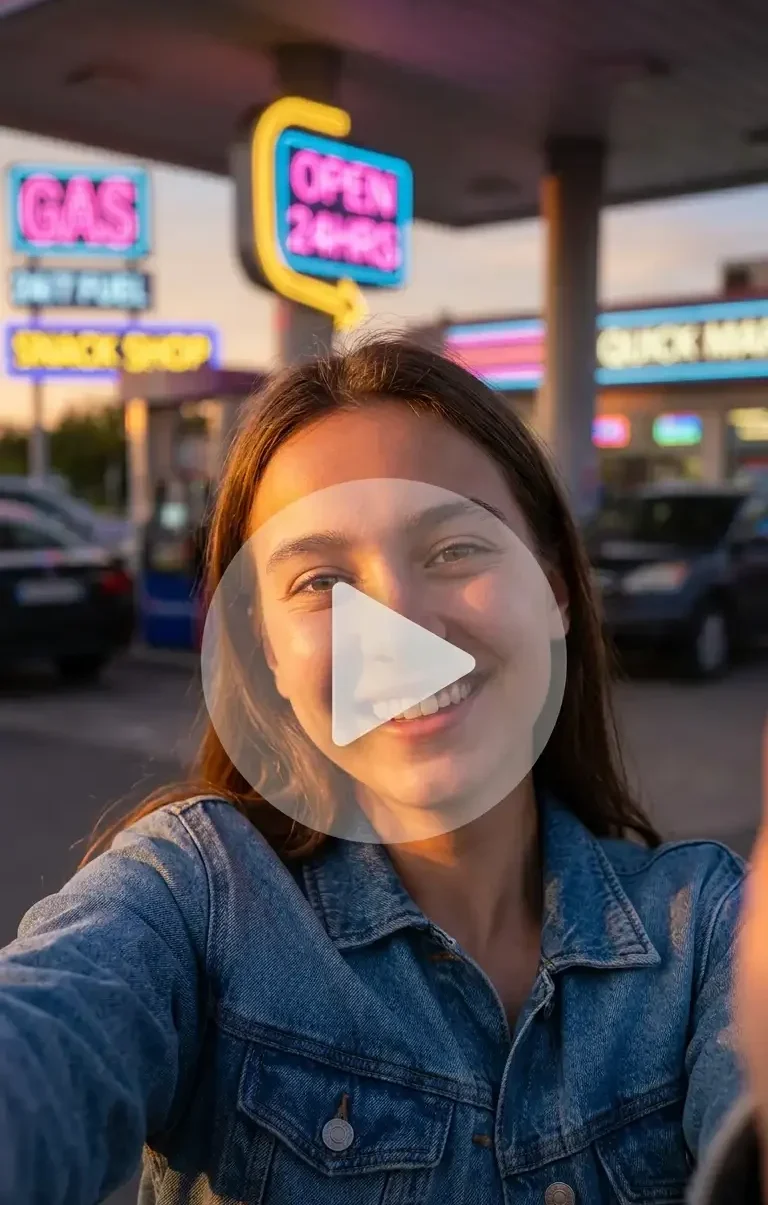 A girl is recording a video of herself in selfie mode on a gas station with neon lights in the background.