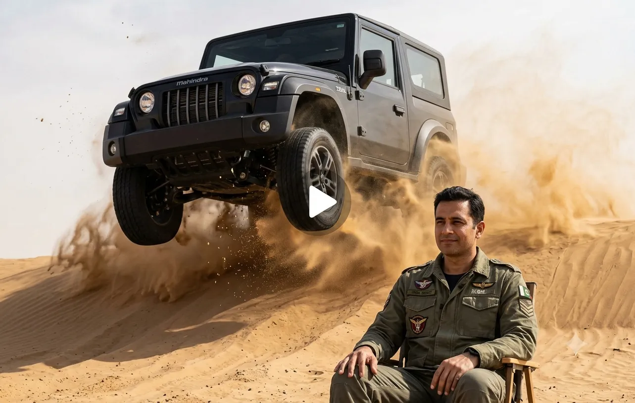 Ground-level view of a person relaxing while a black Mahindra Thar jeep leaps over a sand ridge behind them.