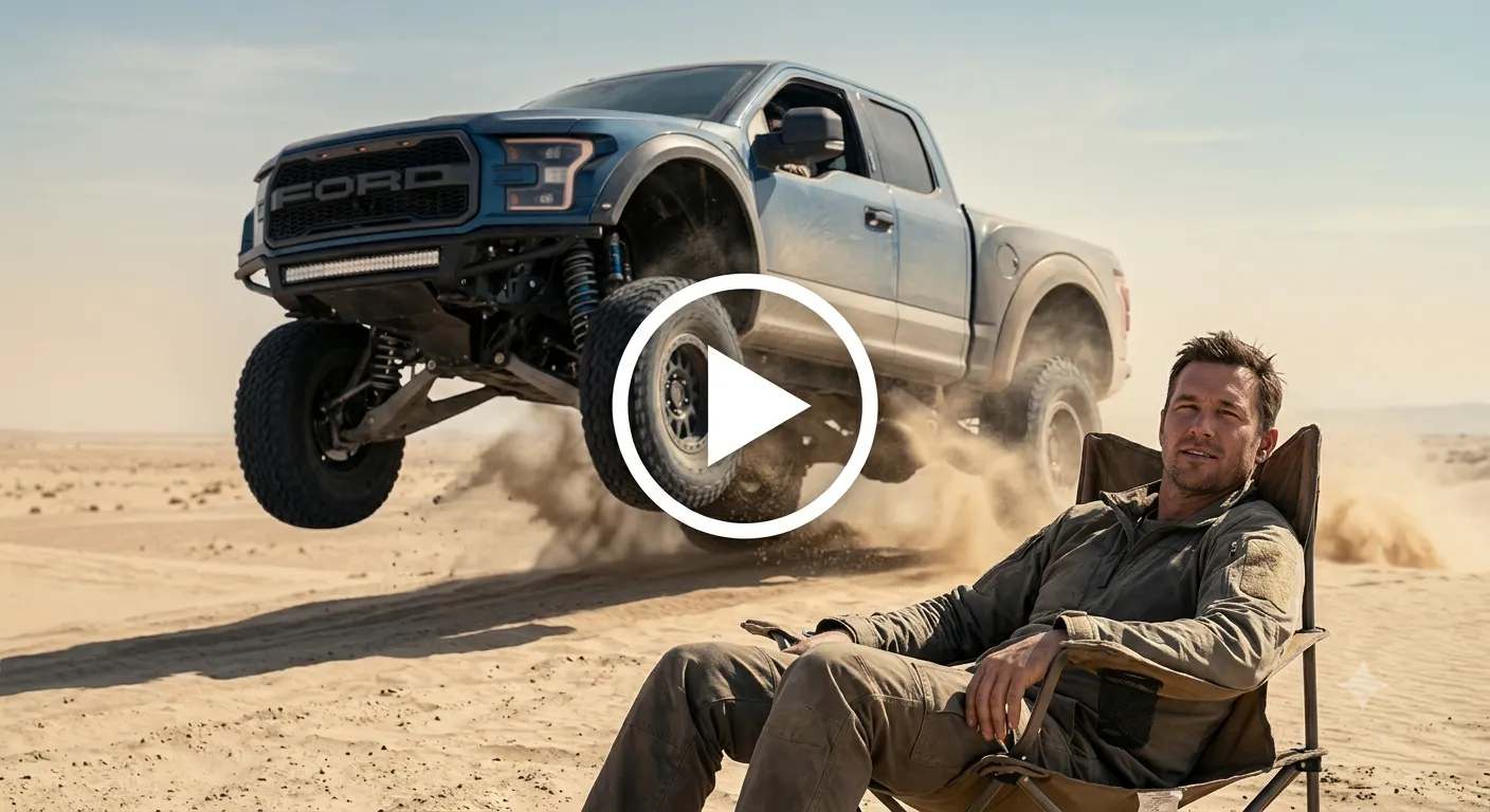 Freeze-frame photo of a person lounging calmly as a blue pickup truck hangs in mid-air behind them.