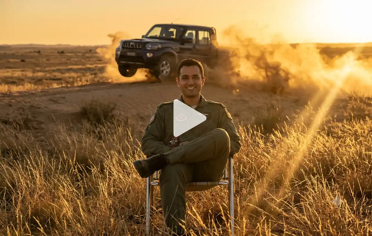 Golden hour photo of a person sitting cross-legged in desert grass with a pickup truck jumping in the background.