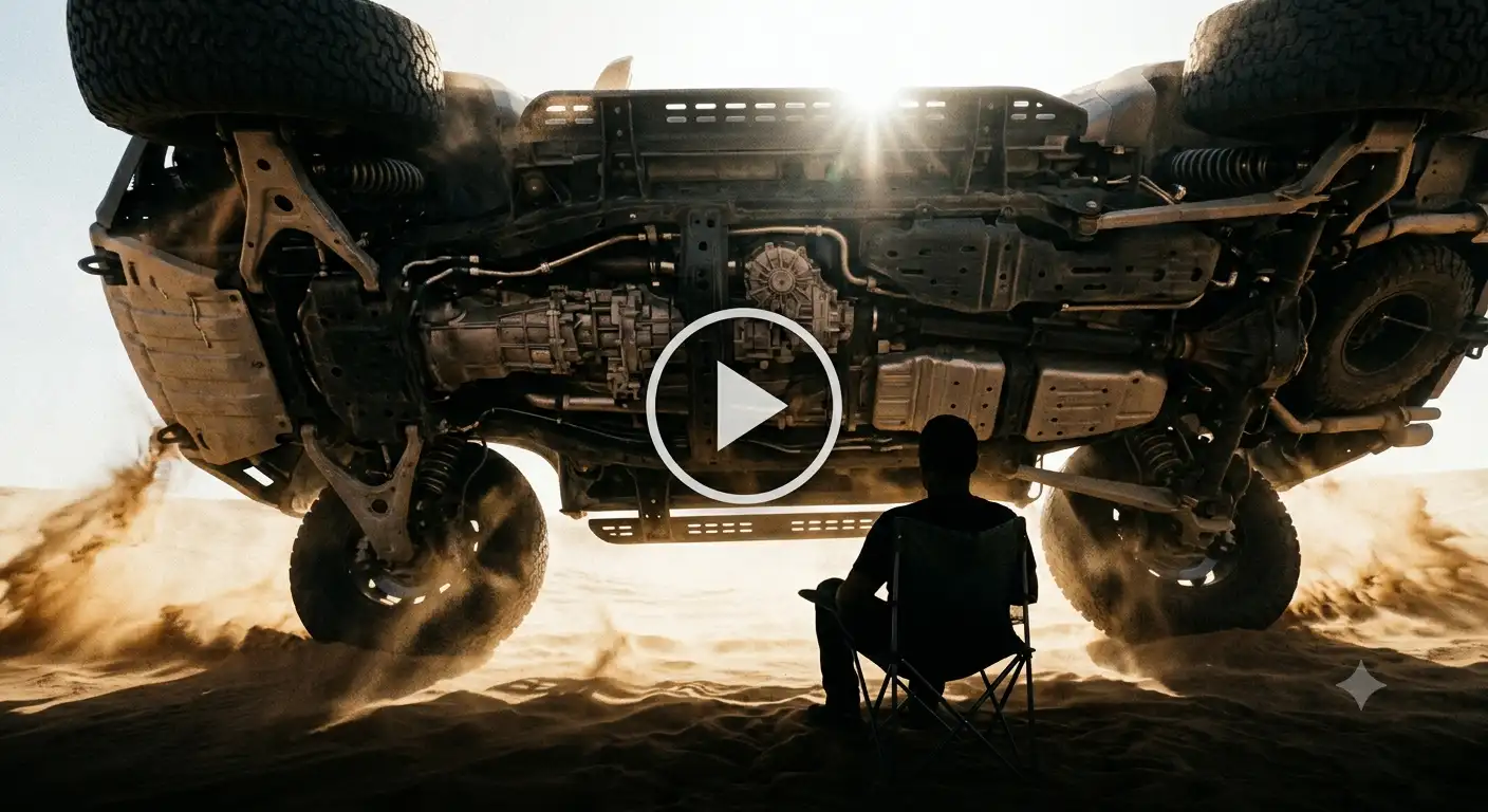 Low-angle wide shot of a person sitting still on a folding chair in the desert dunes. A large off-road SUV soars directly over their head in slow motion against a brightly backlit sky.