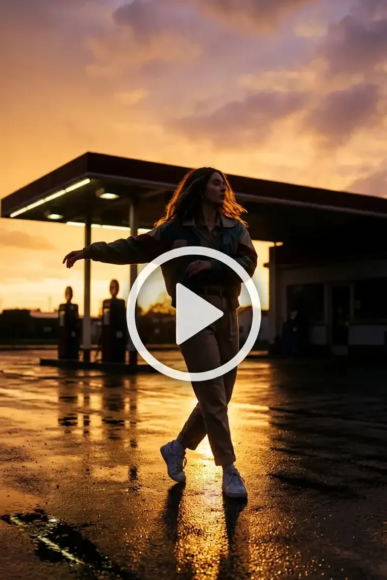 A girl is dancing in front of a gas station during sunset with a play button placed in the centre.