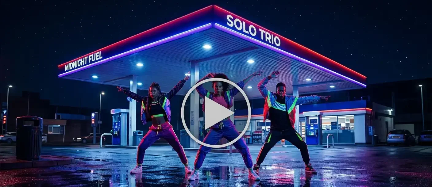 A group of friends are performing a routine dance on a wet road in front of a gas station during twilight.