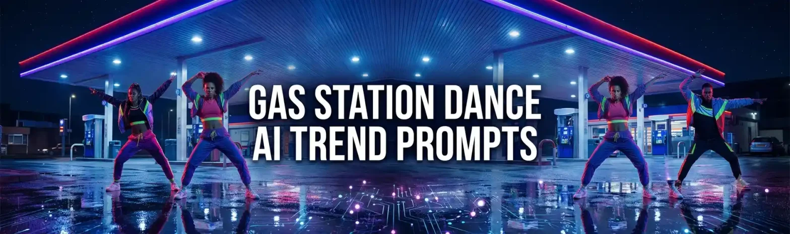 Four people dancing in front of a gas station with neon lighting in the backdrop with Gas station dance AI Trend prompts written across the middle in bold text.