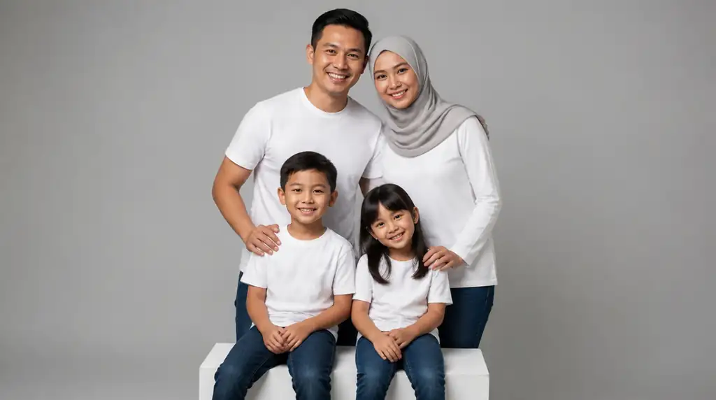 Keluarga empat orang foto studio minimalis dengan latar abu-abu muda dan baju putih senada