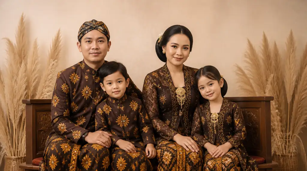 Keluarga berpose dengan baju adat Jawa batik cokelat dan sanggul tradisional di studio hangat