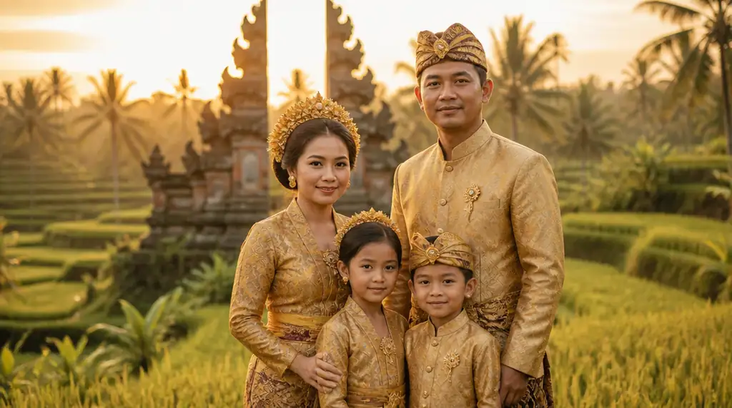Keluarga memakai busana adat Bali songket emas di tengah sawah terasering saat golden hour