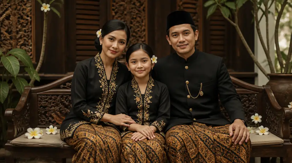 Ibu dan anak memakai kebaya encim hitam emas duduk elegan di bangku kayu berukir