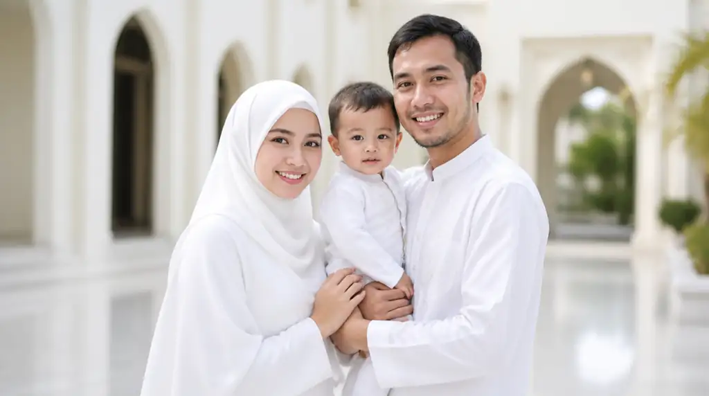 Keluarga muslim serba putih berpose hangat di halaman masjid dengan cahaya alami terang