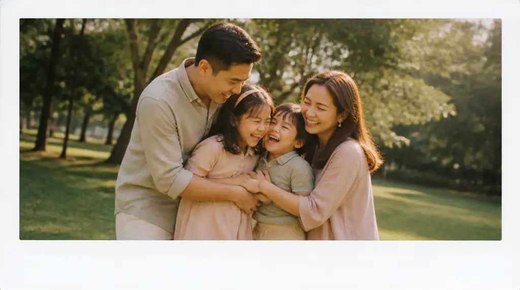 Keluarga tertawa bersama di taman dengan gaya foto polaroid pastel yang hangat