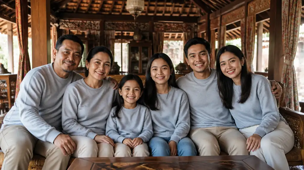 Keluarga tampak menyatu dalam satu foto ruang tamu bernuansa joglo Yogyakarta