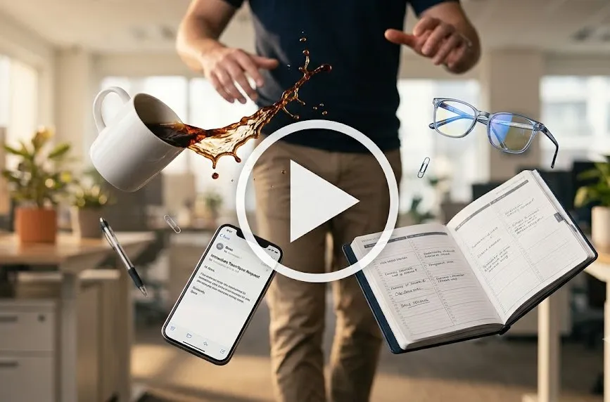 A guy in the office is walking straight when his coffee, phone and notebook falls down.