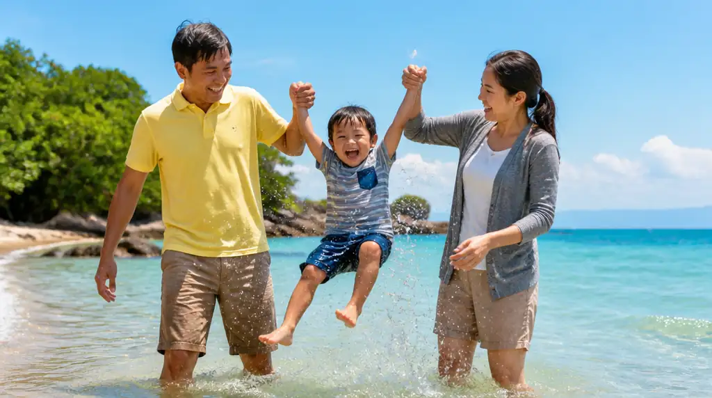 Keluarga bermain air di pantai dengan tawa ceria dan percikan air yang berkilau